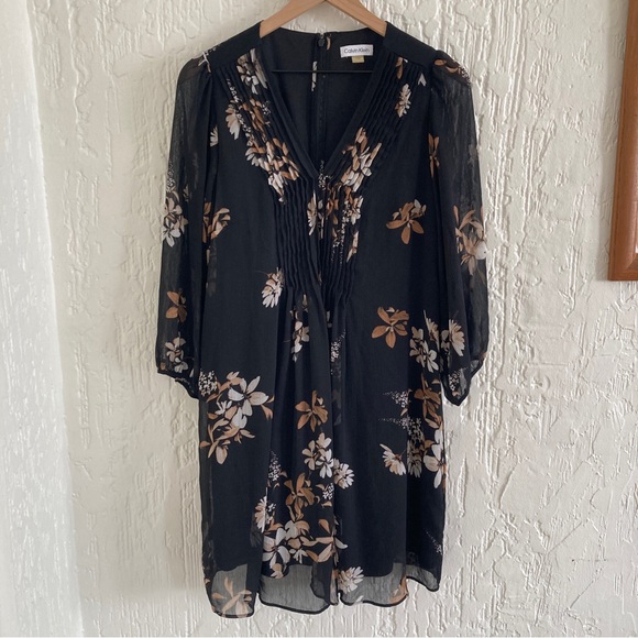 Calvin Klein Black Floral Print Dress with Long Sheer Sleeves Size 14 - Picture 1 of 11